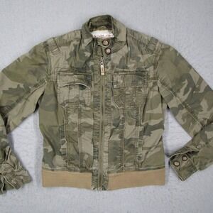 Triple Five Soul Women Camo Jacket Green XS Military Zip Embroidered READ*